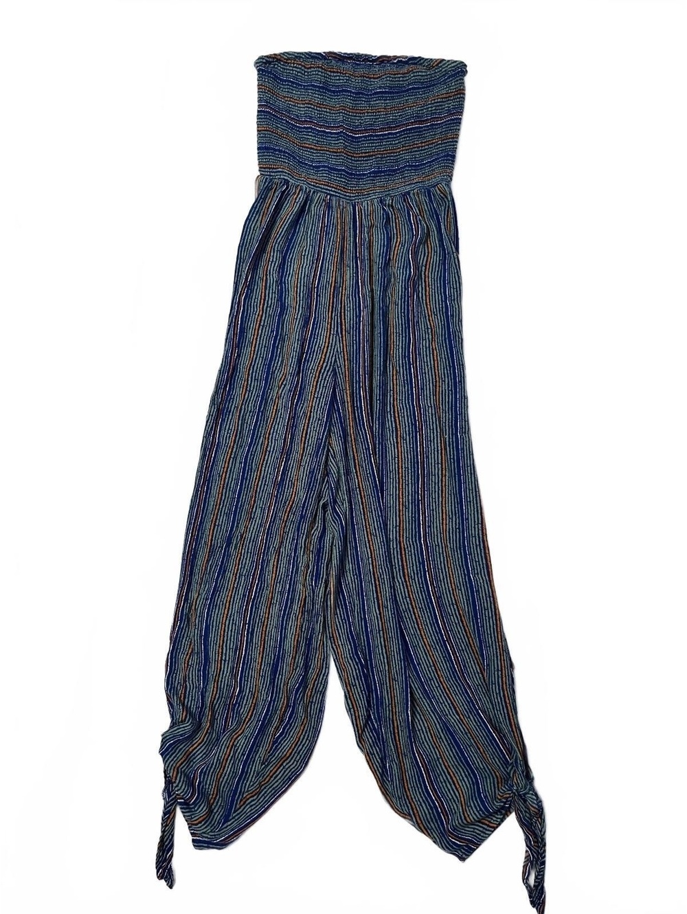 Urban Outfitters Striped Strapless Jumpsuit S Smocked Wide Leg Boho Harem Romper - Picture 2 of 6